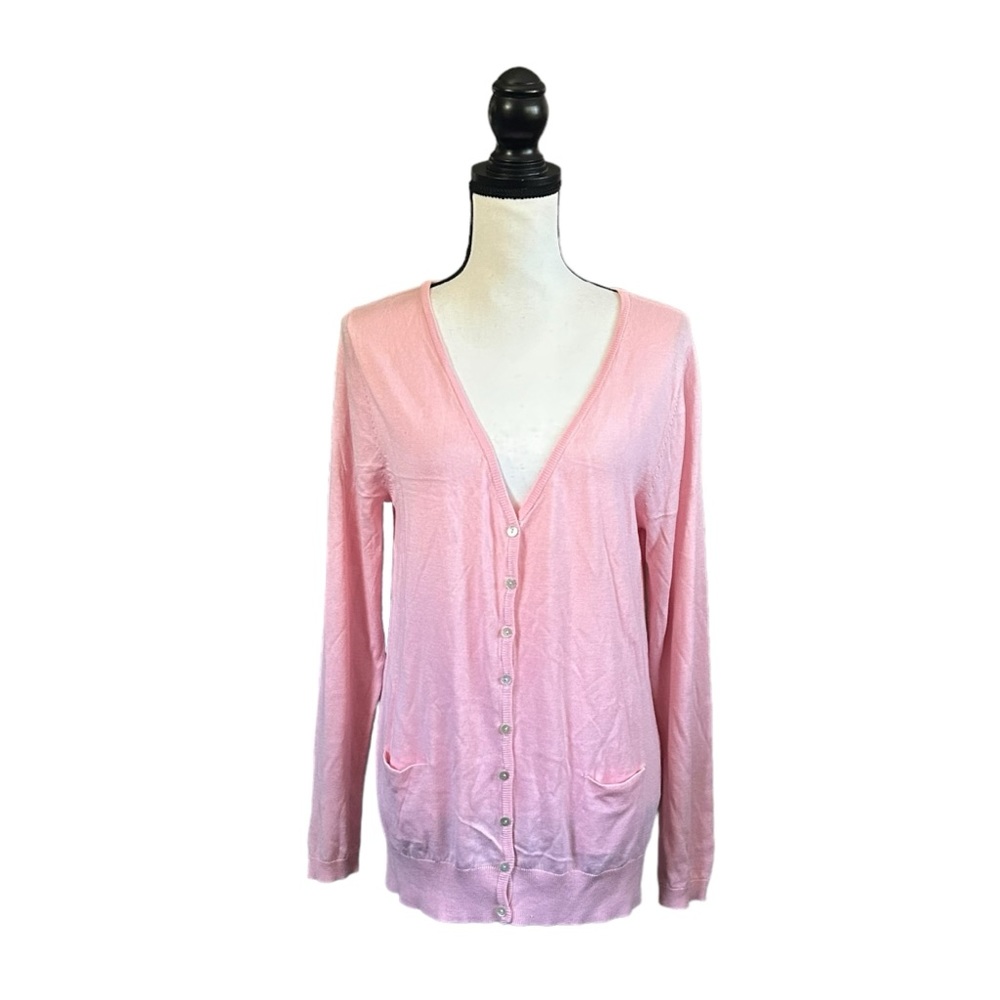 Andrea Jovine Pink V-Neck Cardigan Cotton Blend Lightweight Preppy Casual NWT L